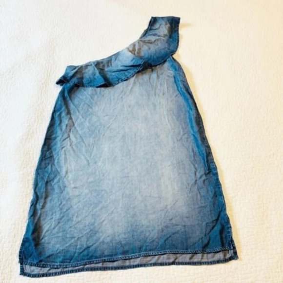 Cloth & Stone Size S Blue Chambray One Shoulder Ruffle Shift Dress - Picture 2 of 5